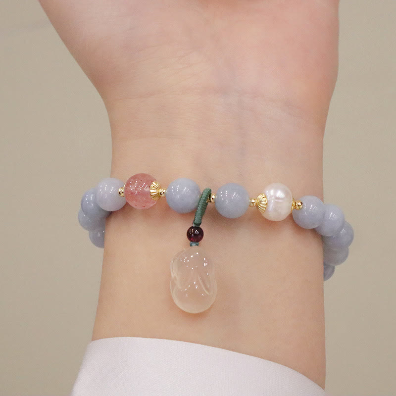 Buddha Stones Natural Aquamarine Chalcedony Serenity Rabbit Gourd Cat Charm Bracelet