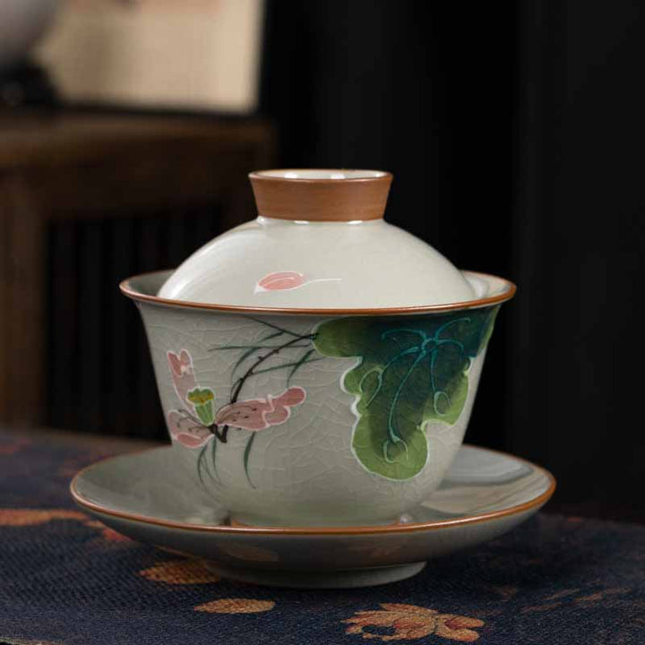 Buddha Stones Lotus Koi Fish Pod Leaf Ceramic Gaiwan Sancai Teacup Kung Fu Tea Cup And Saucer With Lid 140ml