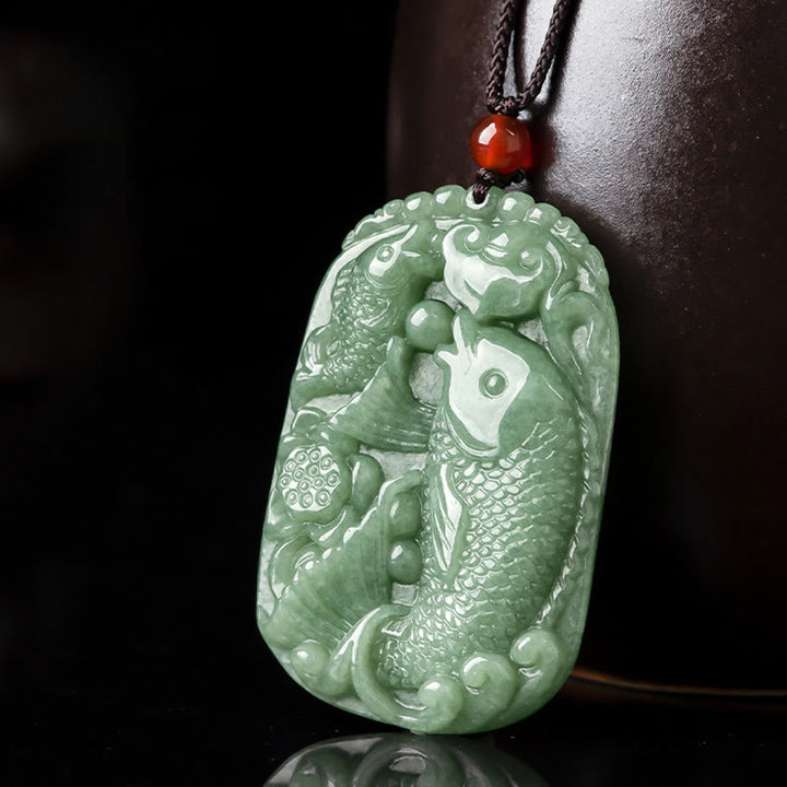 Buddha Stones Natural Jade Koi Fish Lotus Wealth Prosperity Necklace Pendant