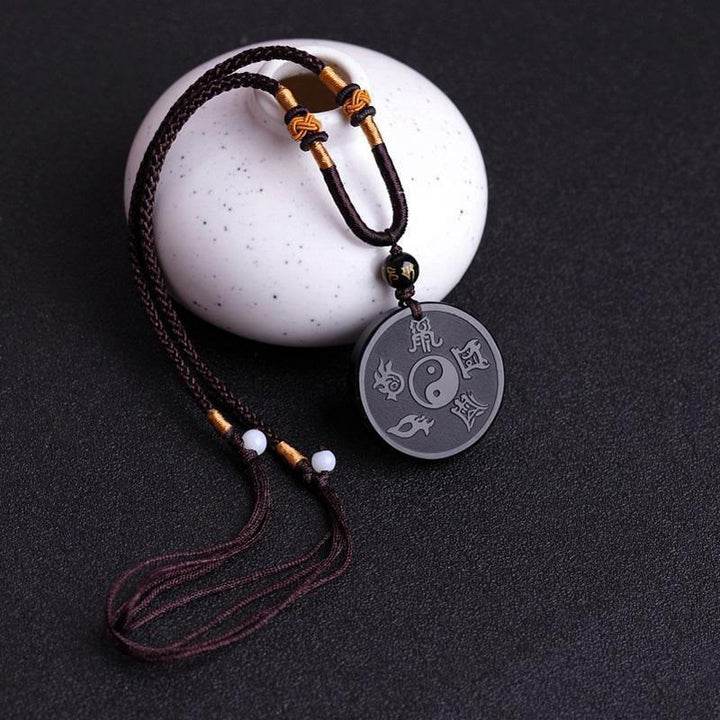 Buddha Stones Natural Black Obsidian Taoism Five Sacred Mountains Nine-Character Mantra Carved Strength Yin Yang Necklace Pendant Key Chain