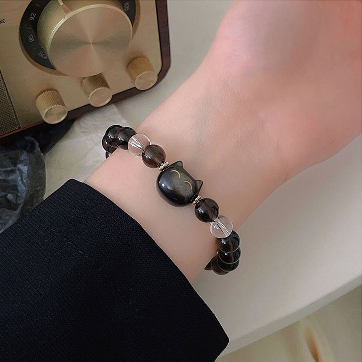 Buddha Stones Natural Ice Obsidian Silver Sheen Obsidian Cute Cat Positive Bracelet