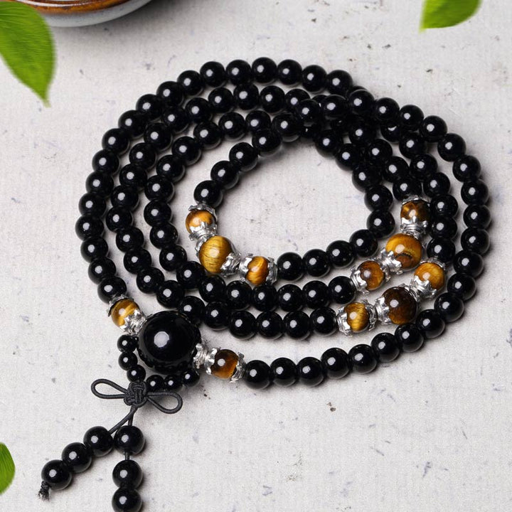 Buddha Stones 108 Beads Natural Black Obsidian Tiger Eye Mala Bracelet