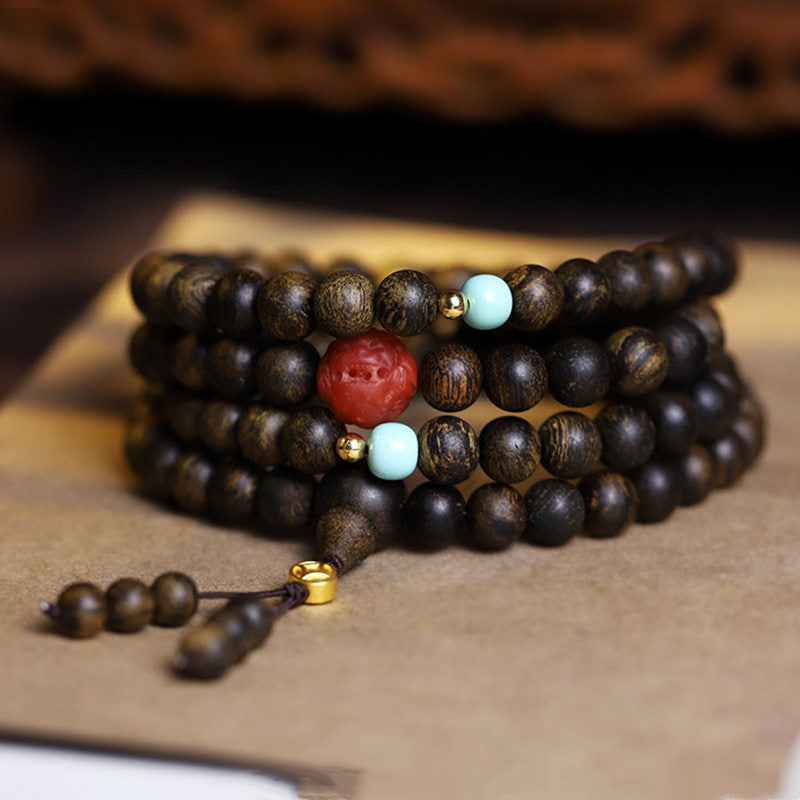 Buddha Stones 108 Mala Beads Agarwood Red Agate Turquoise Peace Meditation Bracelet