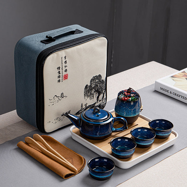 Blue Gradient Color Chinese Gongfu Tea Ceramic Teapot Portable Gift Bag Box Set