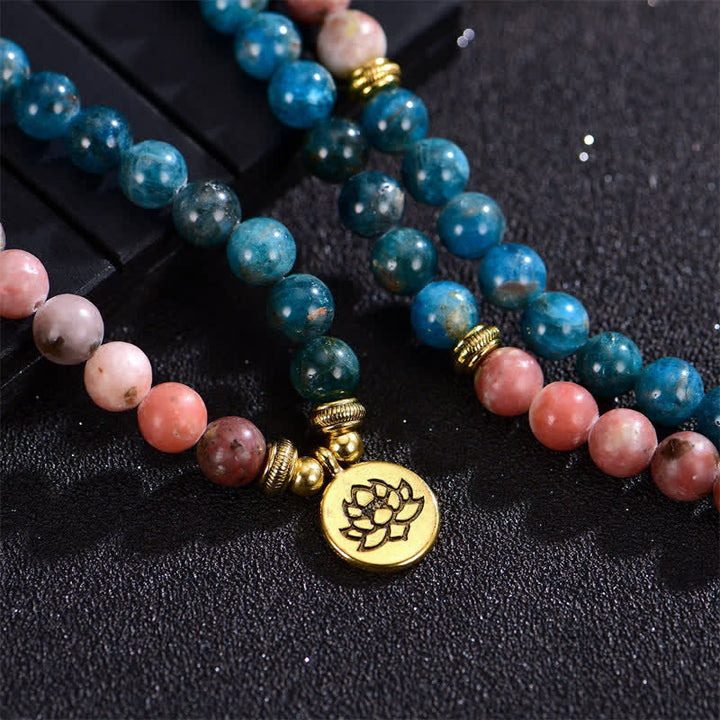 Buddha Stones Lazurite Picasso Jasper Amazonite Rhodonite Apatite Positive Lotus Prayer Bead Bracelet