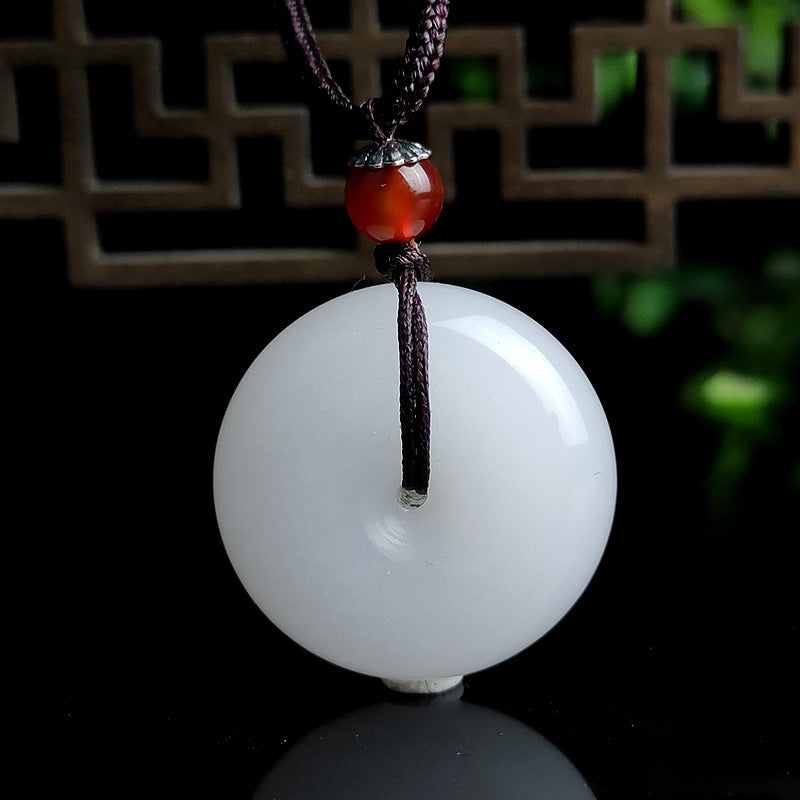 Round Hetian White Jade Peace Buckle Blessing Necklace Pendant