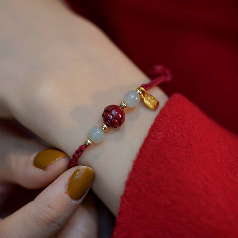 Buddha Stones Cinnabar Jade Lotus Calm Red String Weave Bracelet