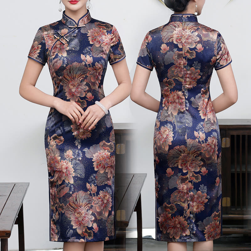 Buddha Stones Retro Flower Lotus Peony Feather Print Qipao Dress Women's Cheongsam Dress