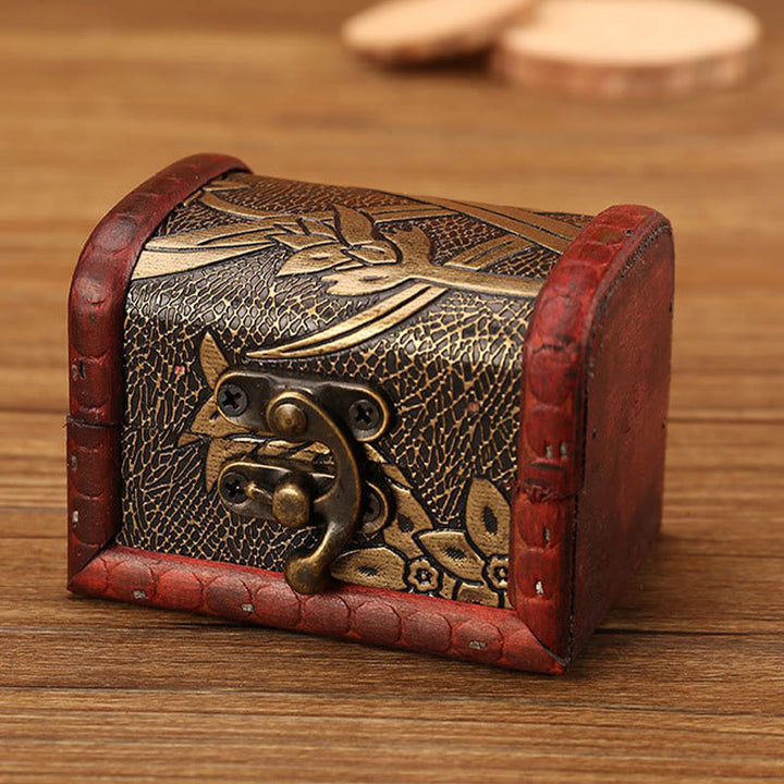 Buddha Stones Vintage Small Wood Jewelry Box Grass Flower Lotus Golden Grape Copper Coin Daffodil Jewelry Storage Box