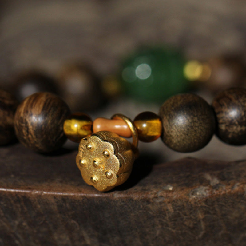 Buddha Stones 999 Gold Brunei Agarwood Cyan Jade Lotus Flower Peace Strength Bracelet