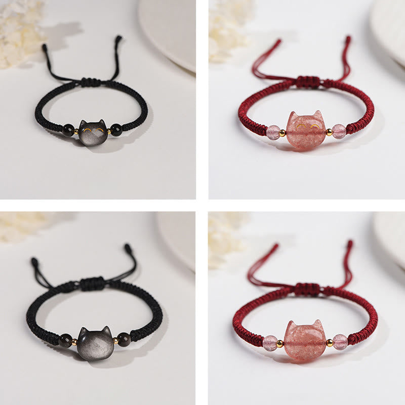 Buddha Stones Handmade Natural Silver Sheen Obsidian Strawberry Quartz Cute Cat Protection Braided Bracelet