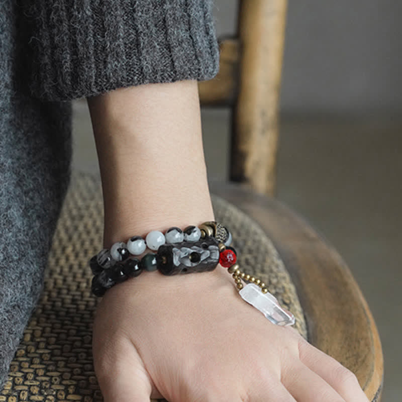 Black Rutilated Quartz Ebony Wood White Crystal Success Couple Bracelet