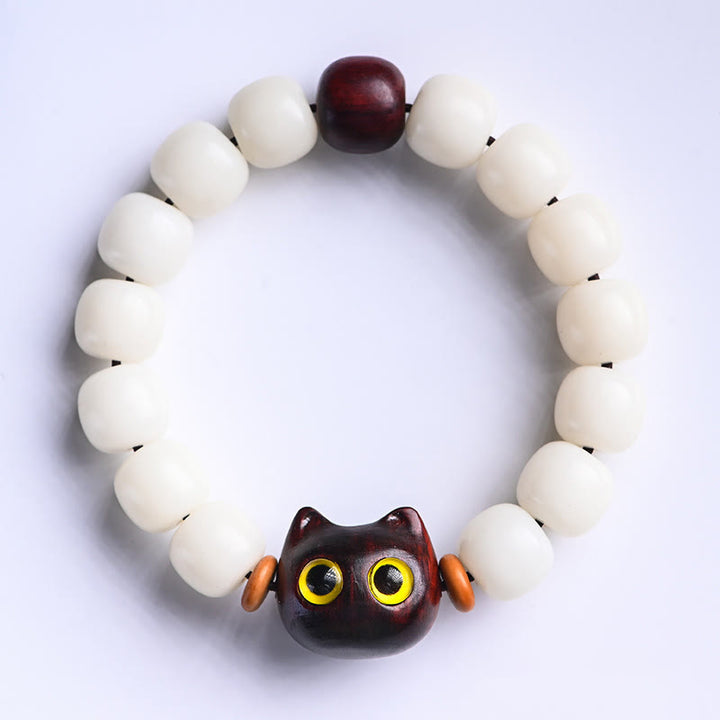 Buddha Stones Natural Bodhi Seed Small Leaf Red Sandalwood Ebony Wood Cute Lucky Cat Wisdom Bracelet