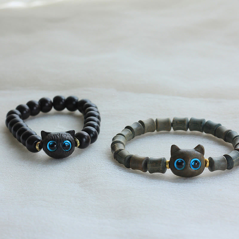 Buddha Stones Ebony Wood Green Sandalwood Cute Cat Peace Bracelet