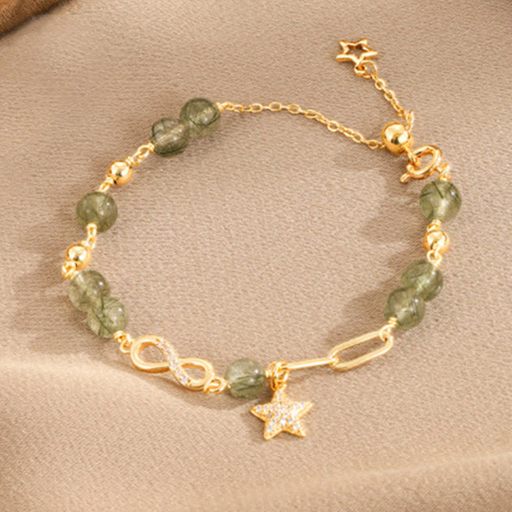 Buddha Stones 14K Gold Green Rutilated Quartz Möbius Loop Eternal Love Star Protection Bracelet