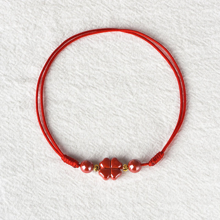 Buddha Stones Four Leaf Clover Cinnabar Blessing Calm String Bracelet Anklet