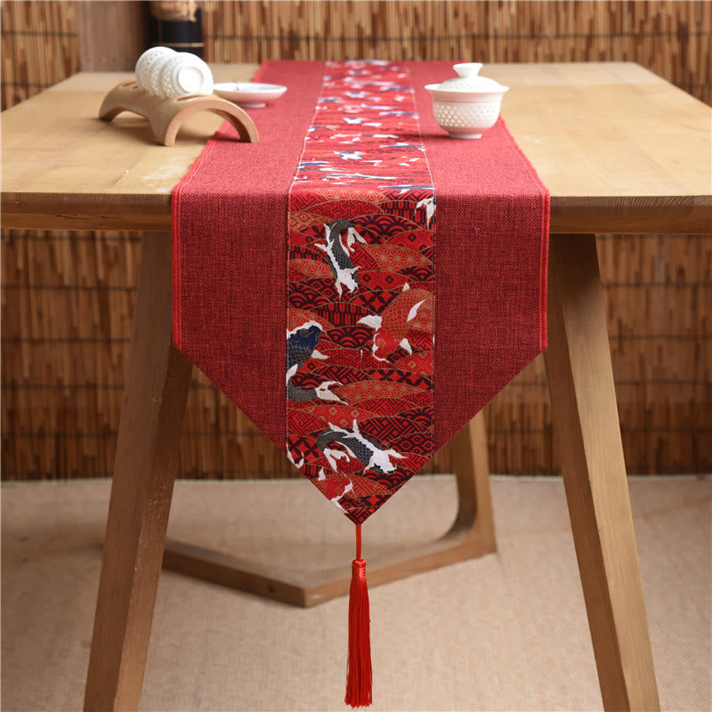 Buddha Stones Classic Chinese Style Lotus Koi Fish Flower Crane Calligraphy Enlightenment Cotton Linen Tassels Table Runner