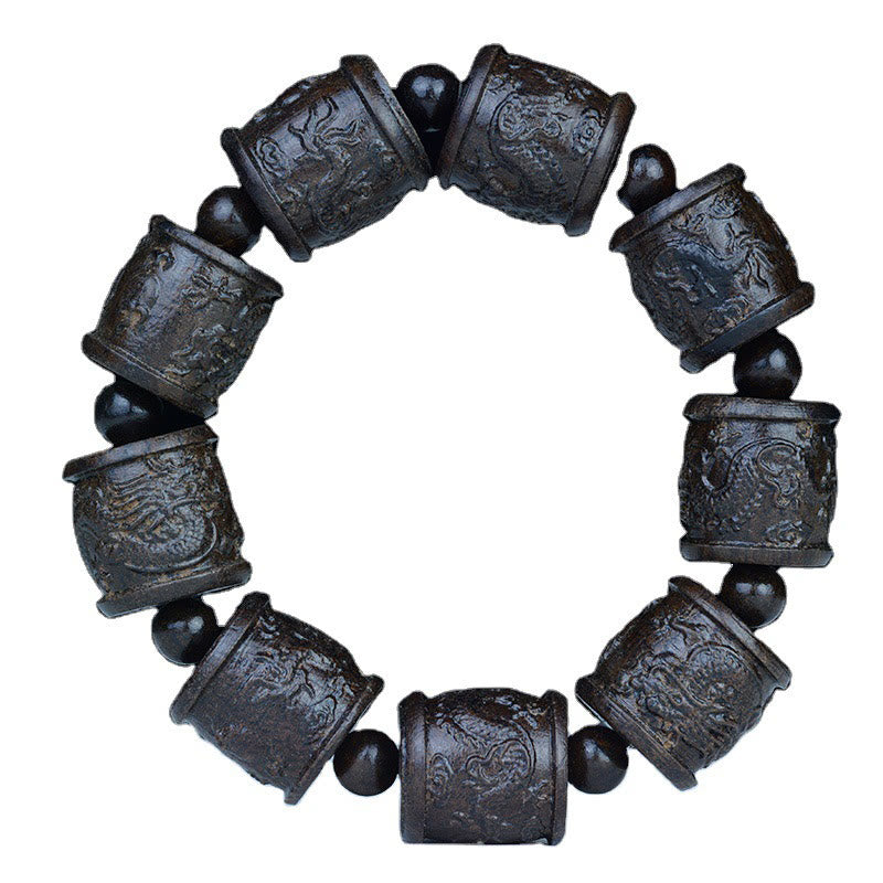 Buddha Stones Ebony Wood Eighteen Arhats Lotus Dragon Engraved Balance Bracelet