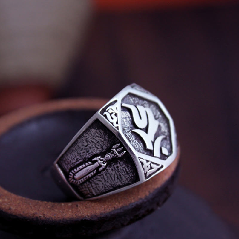 Buddha Stones 925 Sterling Silver Sanskrit Design Carved Protection Adjustable Ring