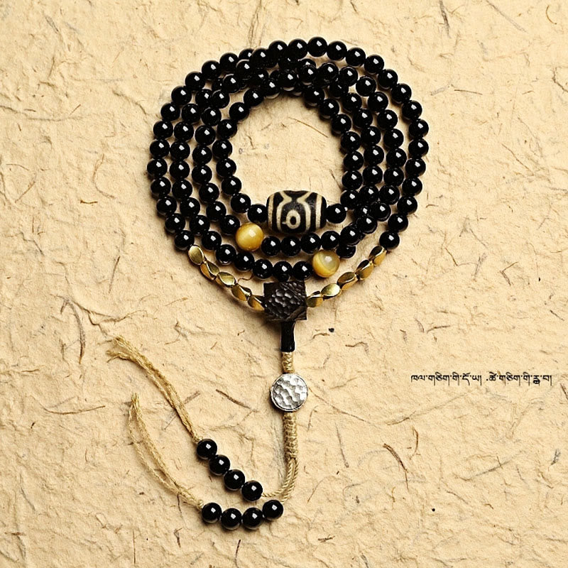 Tibetan 108 Mala Beads Black Onyx Three-eyed Dzi Beads Protection Bracelet