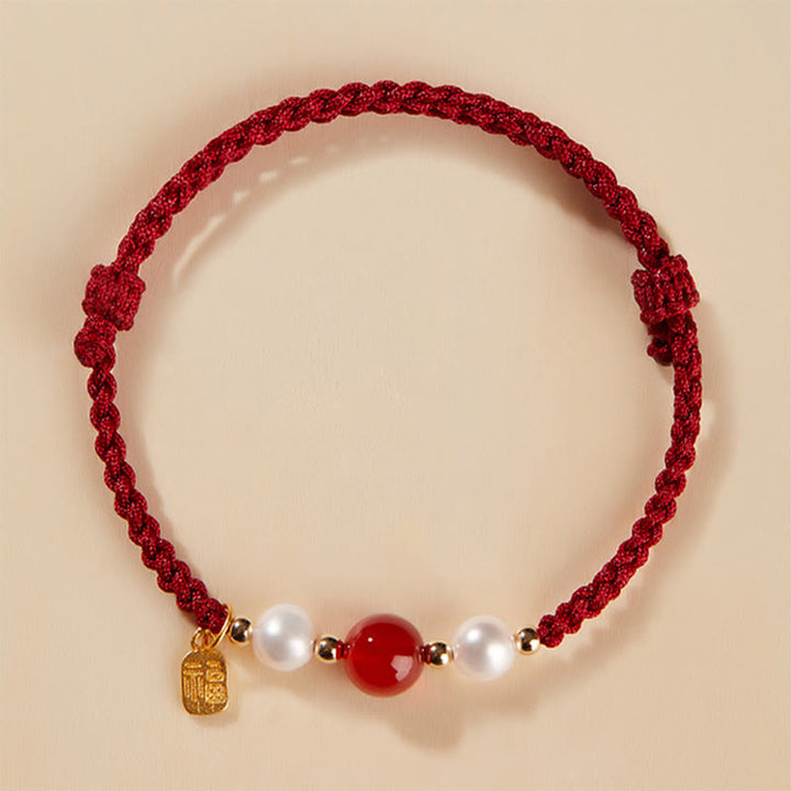 Buddha Stones 925 Sterling Silver Good Fortune Fu Character Agate Pearl Red String Braid Bracelet