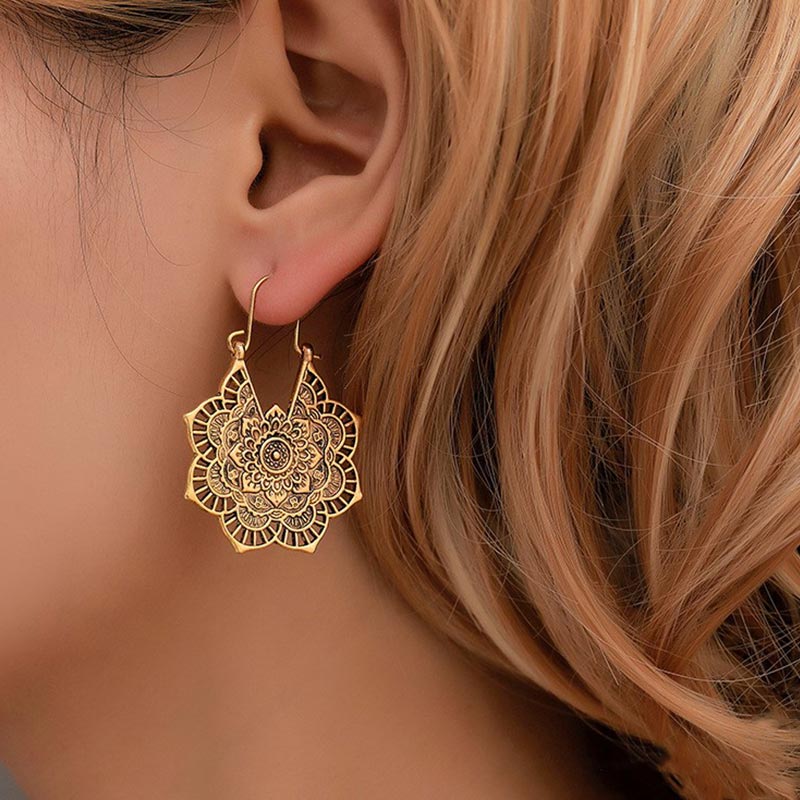 Buddha Stones Tibetan Lotus Engraving Copper Blessing Drop Earrings