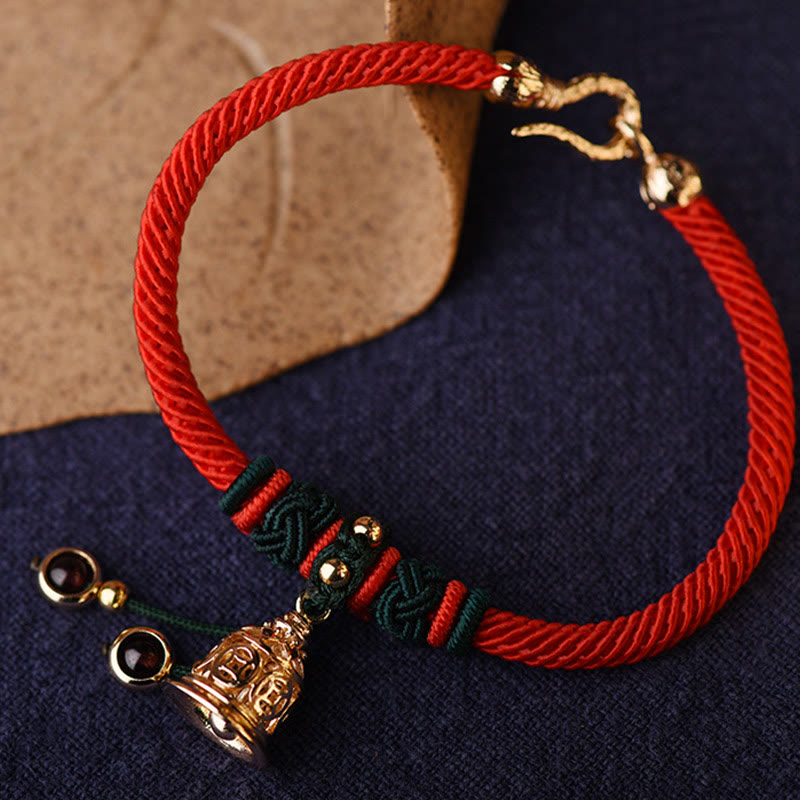 Buddha Stones 14K Gold Plated Copper Coin Bell Garnet Handcrafted Red Rope Bracelet