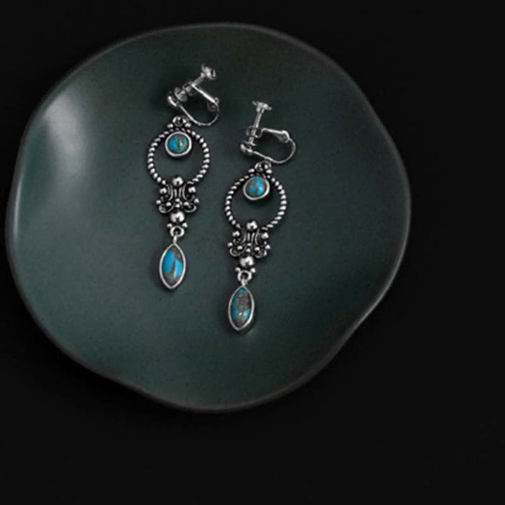 925 Sterling Silver Vintage Turquoise Waterdrop Pattern Balance Drop Dangle Earrings