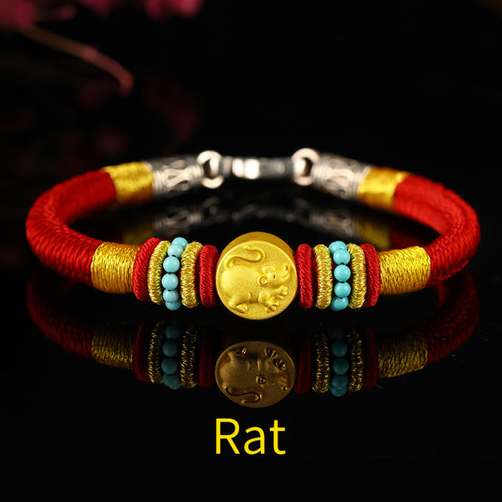 Buddha Stones 999 Gold Chinese Zodiac Om Mani Padme Hum King Kong Knot Protection Handcrafted Bracelet