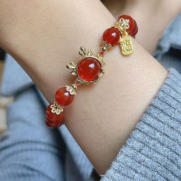 Buddha Stones Year of the Dragon Red Agate Jade Peace Buckle Fu Character Success Bracelet