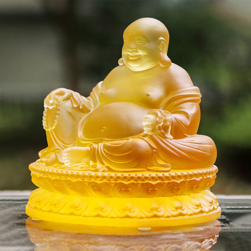 Buddha Stones Handmade Laughing Buddha Figurine Liuli Crystal Art Piece Wealth Statue Home Decoration