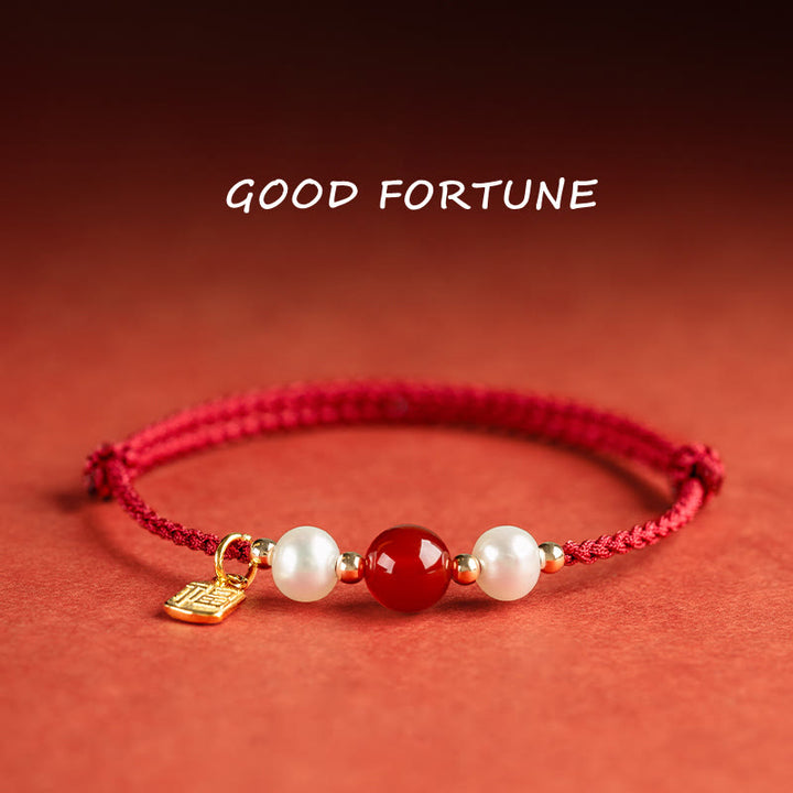 Buddha Stones 925 Sterling Silver Good Fortune Fu Character Agate Pearl Red String Braid Bracelet