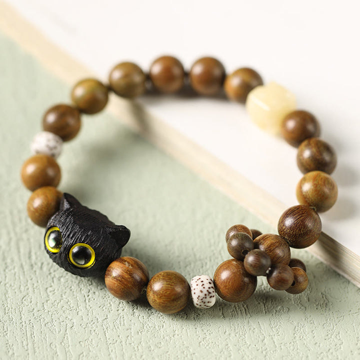 Buddha Stones Green Sandalwood Ebony Wood Cat Peace Soothing Bracelet