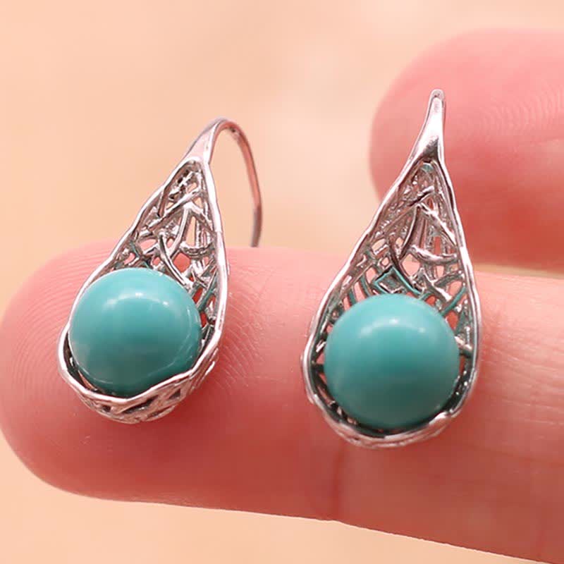 925 Sterling Silver Turquoise Beaded Pattern Protection Drop Dangle Earrings