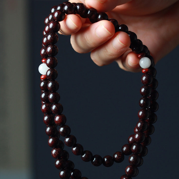 Buddha Stones Tibetan Small Leaf Red Sandalwood Lotus Mala Balance Bracelet