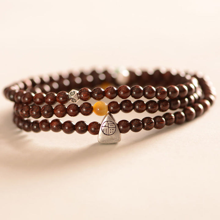 Buddha Stones 925 Sterling Silver Indian Small Leaf Red Sandalwood Fu Character Protection Triple Wrap Bracelet