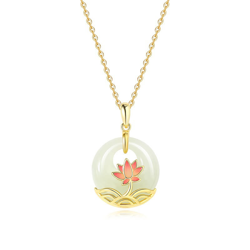 Buddha Stones 925 Sterling Silver Hetian White Jade Lotus Flower Blessing Necklace Pendant