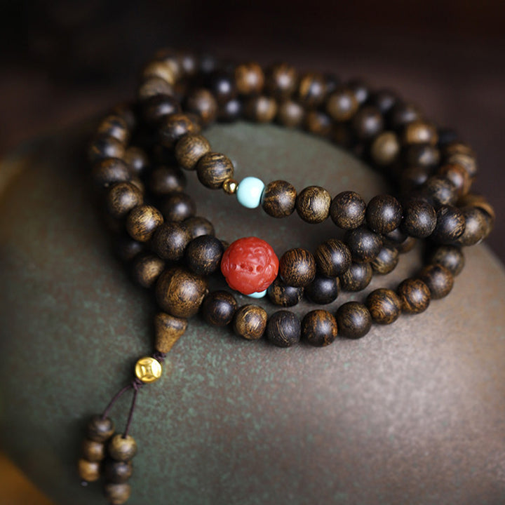 Buddha Stones 108 Mala Beads Agarwood Red Agate Turquoise Peace Meditation Bracelet