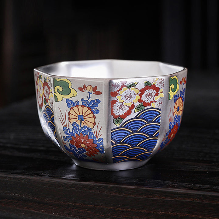 Buddha Stones 999 Sterling Silver Gilding Chrysanthemum Flowers Ceramic Teacup Kung Fu Tea Cup