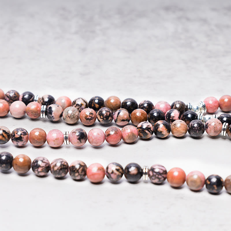 Buddha Stones 108 Mala Beads Rhodonite Lotus Compassion Energy Bracelet