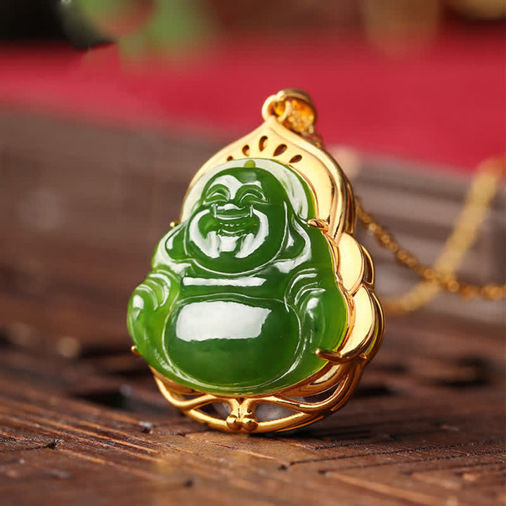 925 Sterling Silver Natural Hetian Cyan Jade Laughing Buddha 18K Gold Healing Necklace Chain Pendant