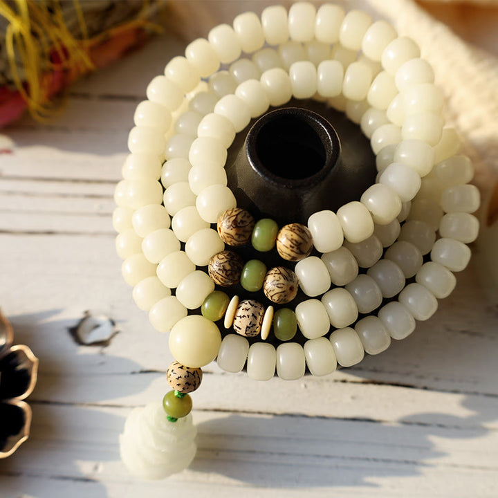 Buddha Stones White Jade Bodhi Lotus Mala Harmony Necklace Bracelet