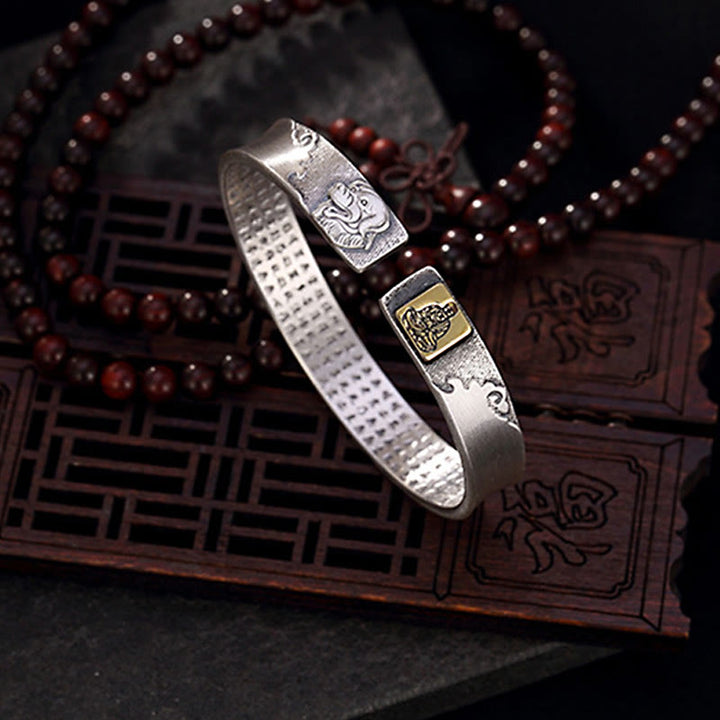 Buddha Stones 999 Sterling Silver Year of the Dragon Chinese Zodiac Om Mani Padme Hum Heart Sutra Carved Wisdom Bracelet Bangle