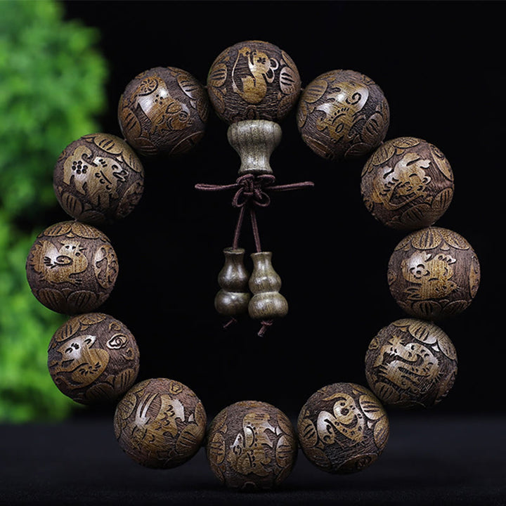 Buddha Stones Chinese Zodiac Rosewood Ebony Boxwood Copper Coin PiXiu Carved Warmth Bracelet