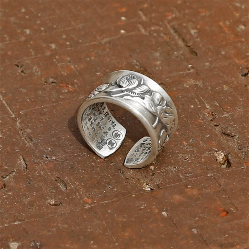 999 Sterling Silver Luck Koi Fish Lotus Heart Sutra Wealth Ring