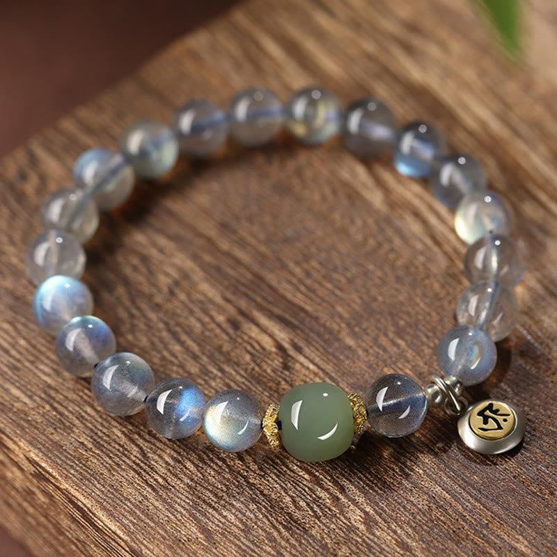 Buddha Stones Chinese Zodiac Natal Buddha 925 Sterling Silver Natural Moonstone Hetian Jade Positive Bracelet