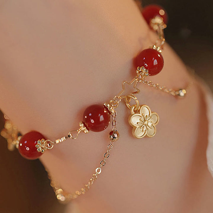 Buddha Stones 14k Gold Plated Red Agate Star Flower Charm Calm Bracelet