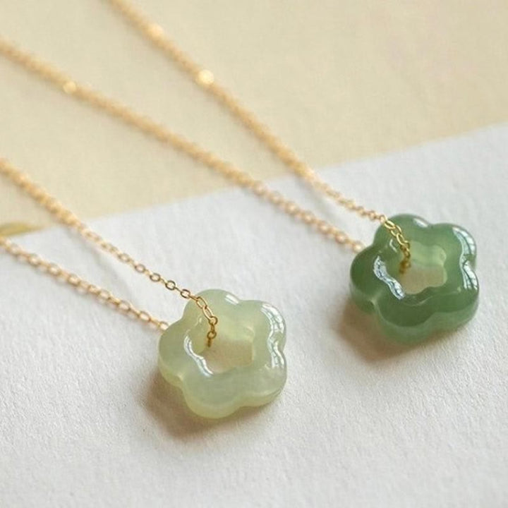 Buddha Stones Dainty Hetian Jade Cyan Jade Luck Floral Charm Necklace Pendant