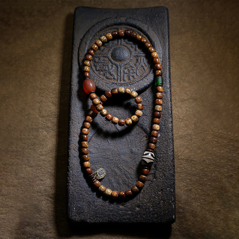 Buddha Stones Tibetan Bodhi Seed Amber Dzi Bead Agate Zakiram Goddess of Wealth Beads Triple Wrap Bracelet