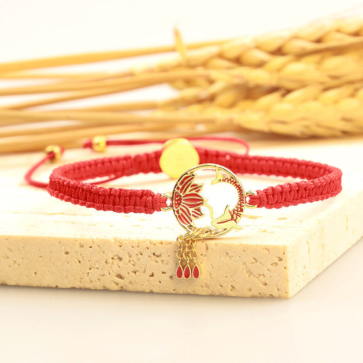 Buddha Stones Tibetan Handmade Lotus Koi Fish Lucky Red String Bracelet